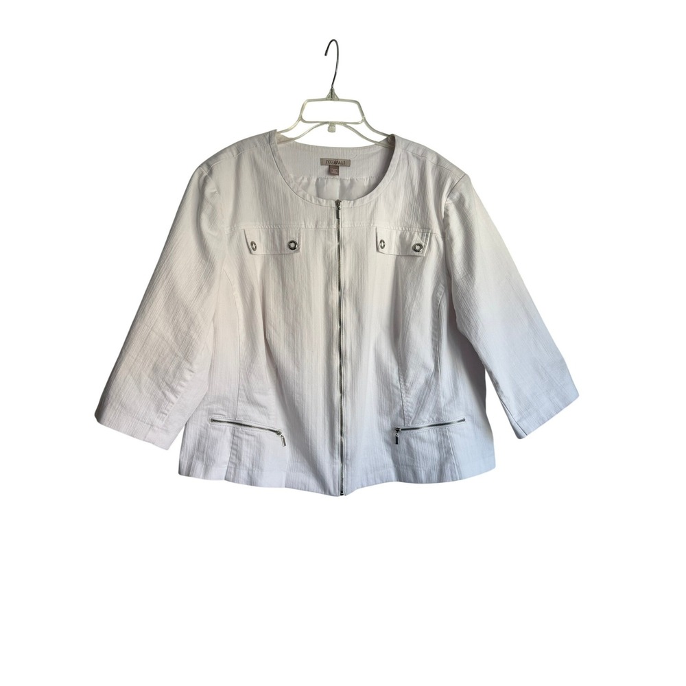 Roz & Ali White Textured Zip Front Jacket Woman 3X 3/4 Sleeve Lined